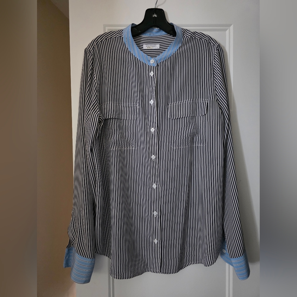Equipment Silk Striped Button-Up Shirt with Contrast Mandarin Collar And Cuffs